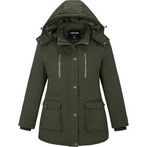 Women's Detachable Green Hood Jacket Coat Fleece Lined Button Closure Designed